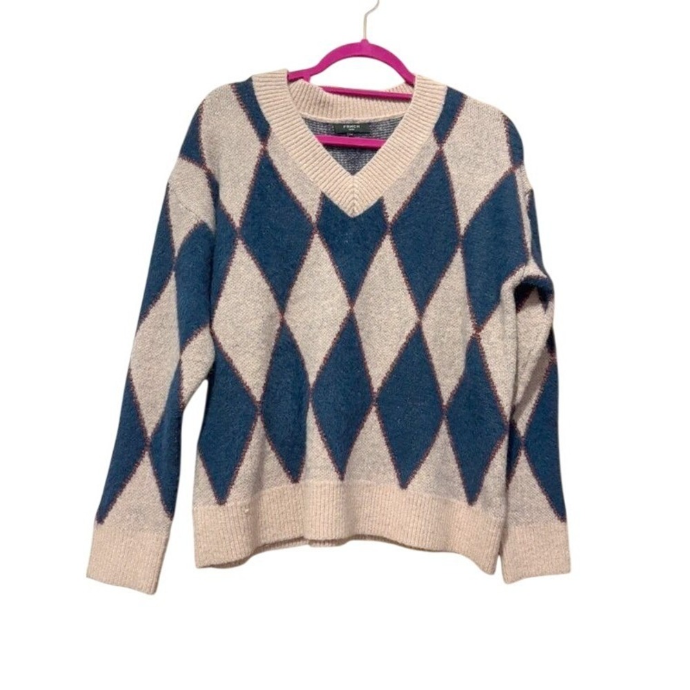 FRNCH Paris Soft Womens Argyle V-Neck Sweater Navy Rose Metallic Size S/M